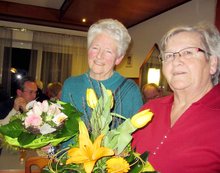 Foto (von Wilhelm Frickh): Blumen zum Obfrauwechsel. Anna Zeilinger, links, übergab den Vorsitz des Siedlervereins an Monika Frickh